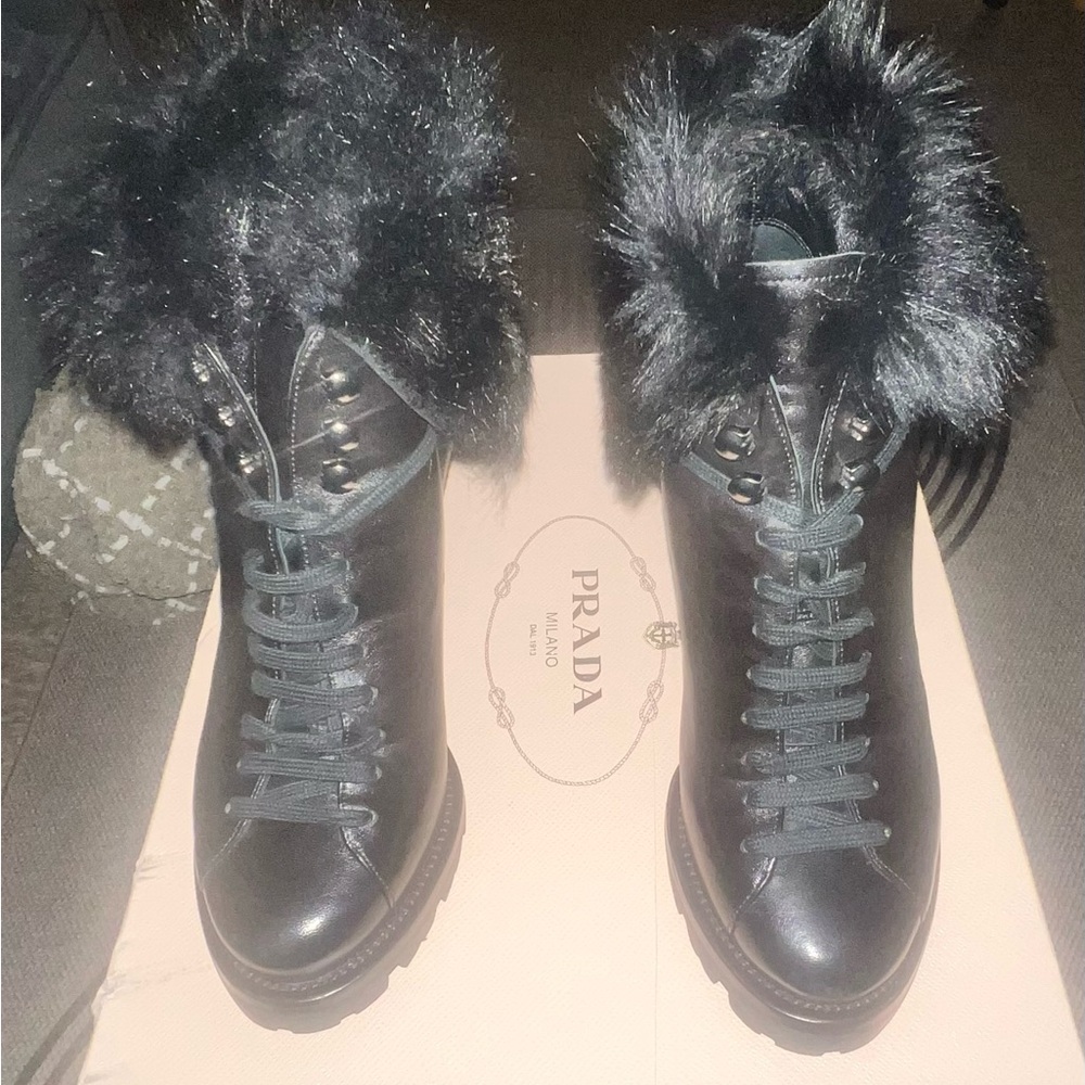 Prada Women's Black Lace-Up Fur Boots